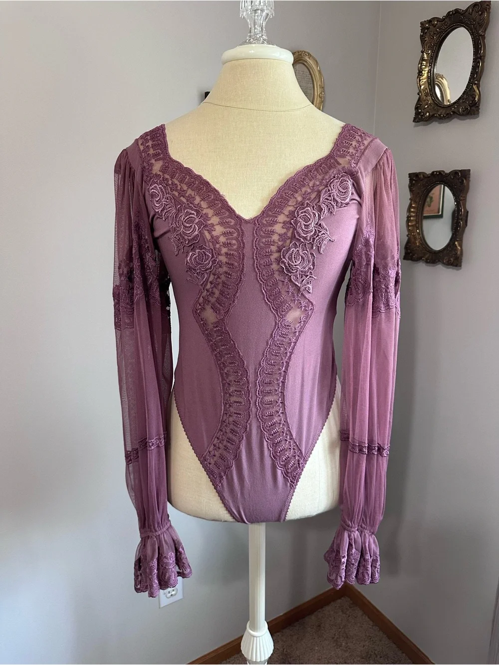 Free People Fleur Du Jour Dusty Rose Lace & Mesh Long Sleeve Bodysuit